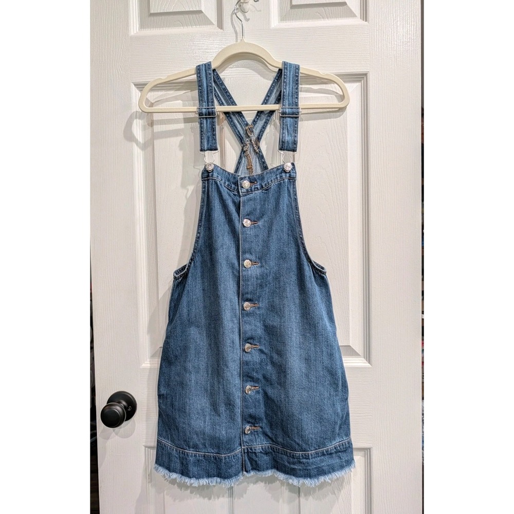 American Eagle Womens Denim Overall Mini Dress XS 90s Raw Hem Buttons Pockets
